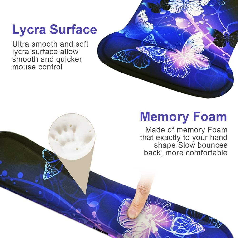 Mouse Pad with Wrist Support and Keyboard Wrist Rest Pad Set,Ergonomic Mouse Pads for Computers Laptop,Non - Slip Comfortable Mousepad W/Raised Memory Foam for Easy Typing & Pain Relief (Arts Butterfly) - Velinare
