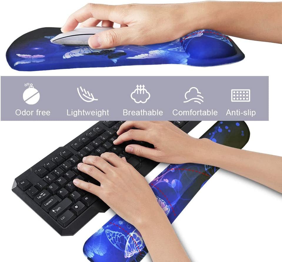 Mouse Pad with Wrist Support and Keyboard Wrist Rest Pad Set,Ergonomic Mouse Pads for Computers Laptop,Non - Slip Comfortable Mousepad W/Raised Memory Foam for Easy Typing & Pain Relief (Arts Butterfly) - Velinare