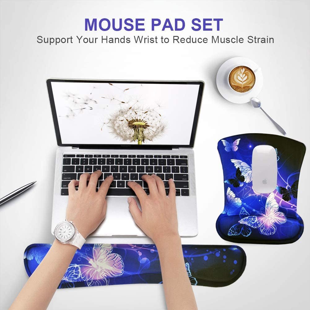 Mouse Pad with Wrist Support and Keyboard Wrist Rest Pad Set,Ergonomic Mouse Pads for Computers Laptop,Non - Slip Comfortable Mousepad W/Raised Memory Foam for Easy Typing & Pain Relief (Arts Butterfly) - Velinare
