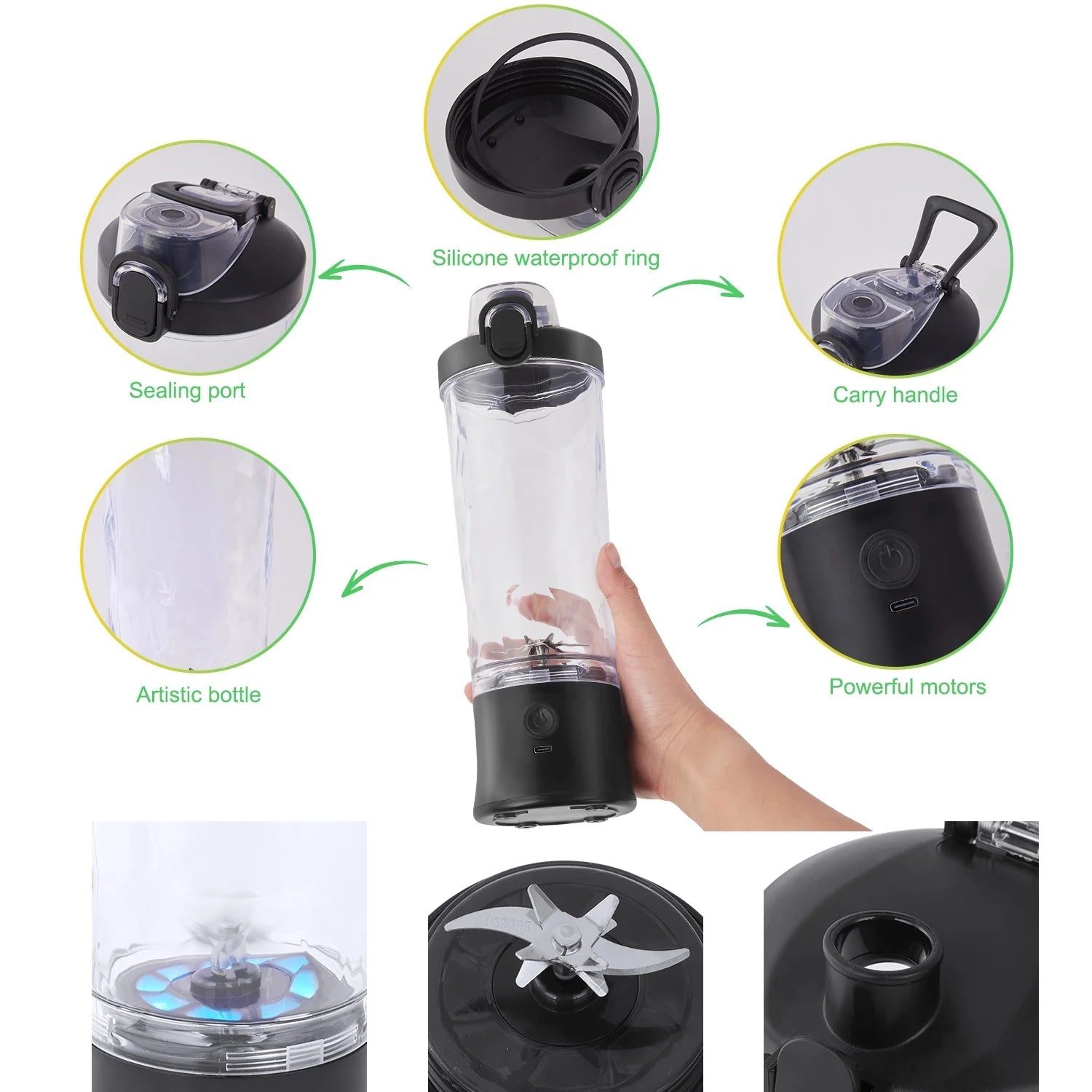 Portable Blender for Shakes and Smoothies, Personal Blender for Shakes with 21 Oz Travel Cup, Mini Personal Size Blender with 10 Blades and USB Rechargeable for Gym, Home and Outdoors, Black - Velinare