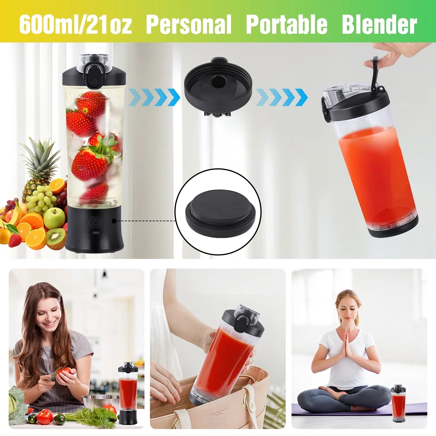 Portable Blender for Shakes and Smoothies, Personal Blender for Shakes with 21 Oz Travel Cup, Mini Personal Size Blender with 10 Blades and USB Rechargeable for Gym, Home and Outdoors, Black - Velinare