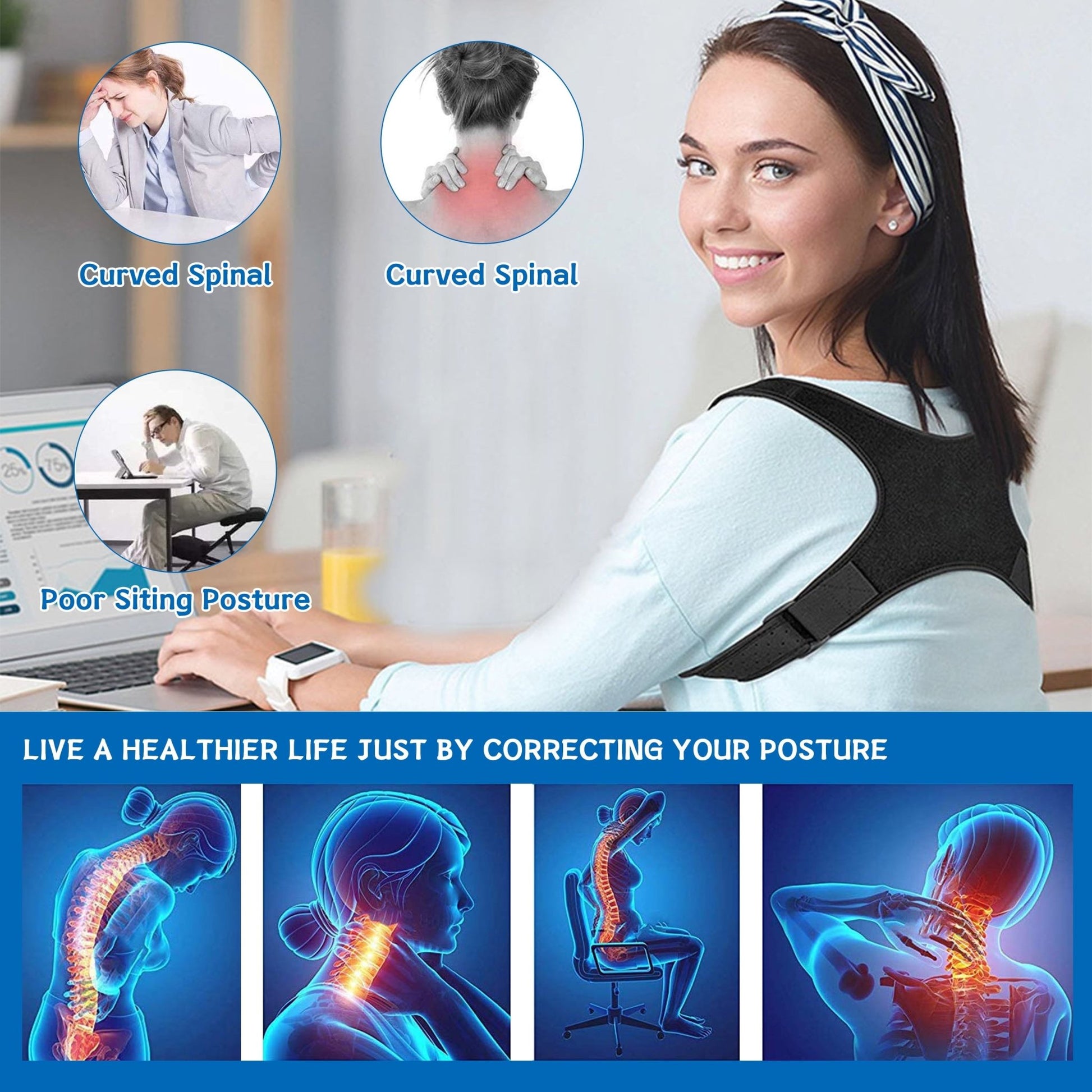 Posture Corrector Brace for Women Men,Back Brace for Posture for Women and Men with Adjustable Shoulder Braces and Cushion Pads,Corrects Hunching&Bad Posture&Shoulder Neck Pain - Velinare