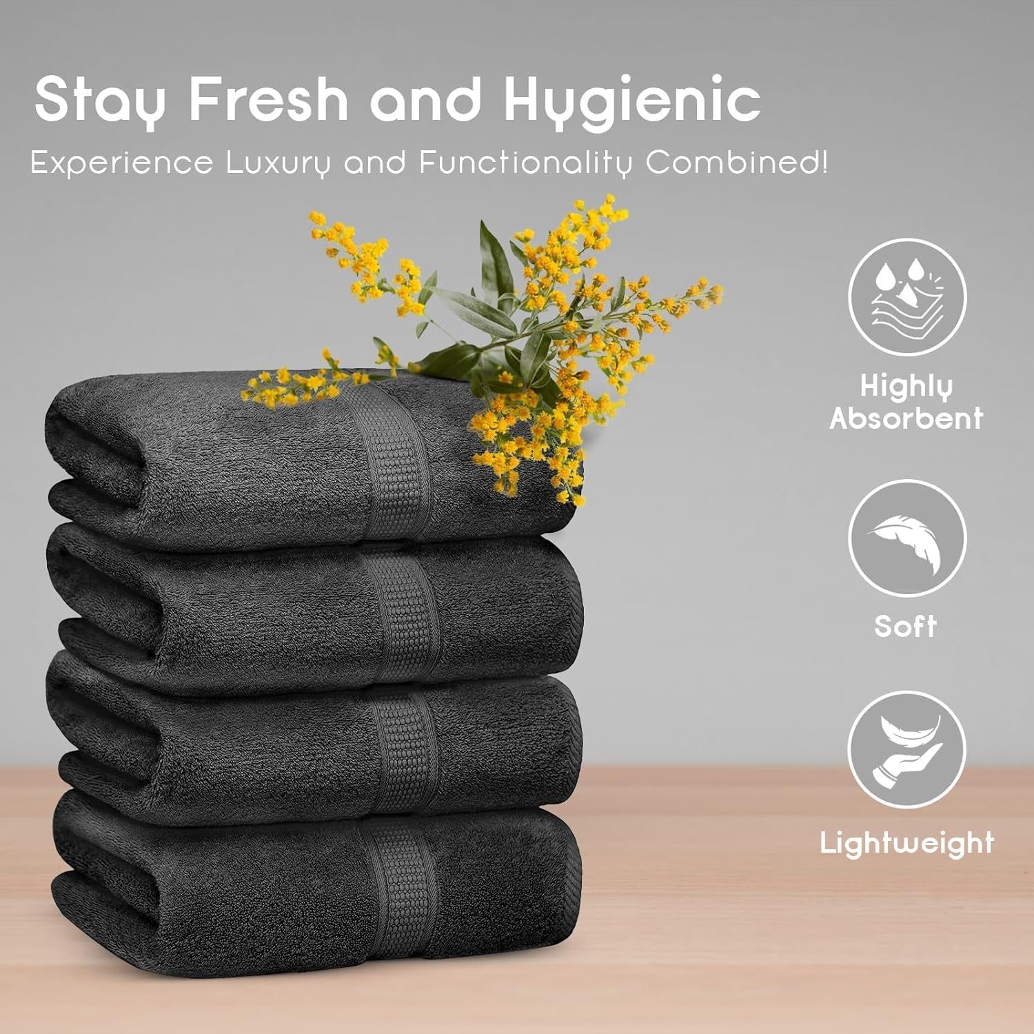Premium Bath Towels Pack of 4, 100% Cotton, Large, Super Soft, Highly Absorbent, Quick Dry, Durable, Comfortable, Great Value & Quality, Perfect for Home & Bathroom - Grey - Velinare