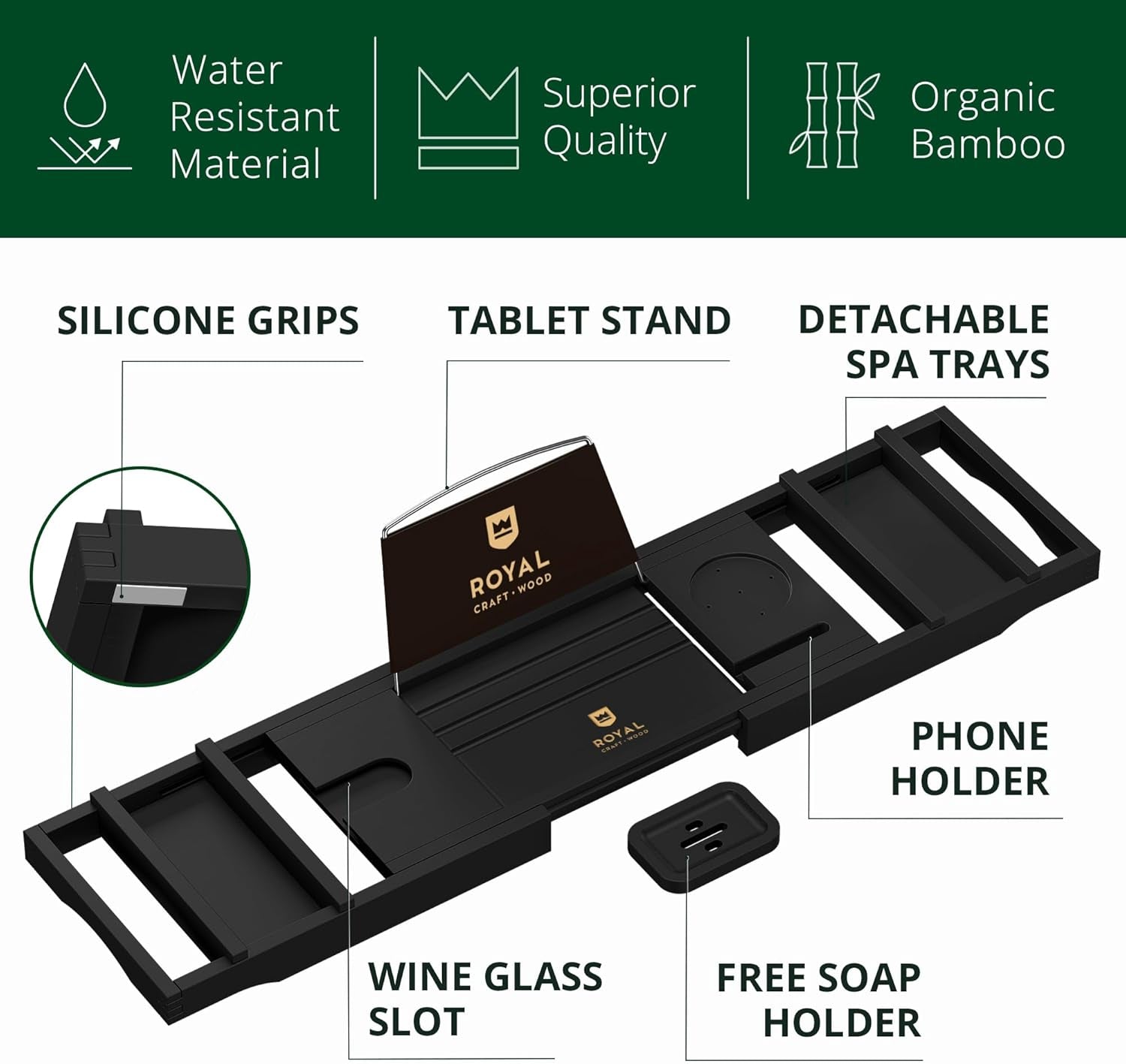 Premium Foldable Bathtub Tray - Wood Bath Tray for Tub, Bamboo Shelf, Expandable Bath Table Trays, Bathtub & Bathroom Accessories for New Home & Mothers Day & Birthday Gifts for Mom - Velinare