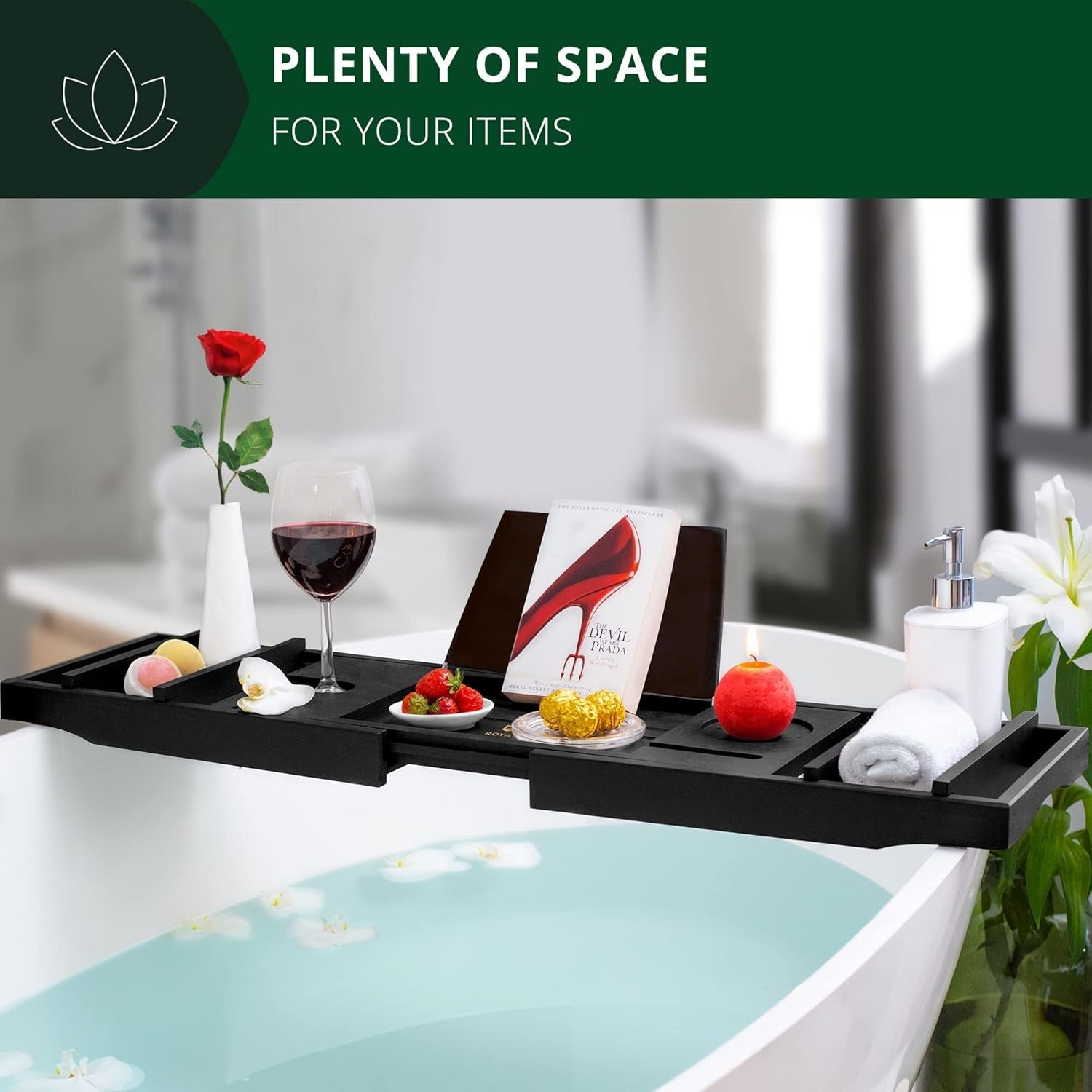 Premium Foldable Bathtub Tray - Wood Bath Tray for Tub, Bamboo Shelf, Expandable Bath Table Trays, Bathtub & Bathroom Accessories for New Home & Mothers Day & Birthday Gifts for Mom - Velinare