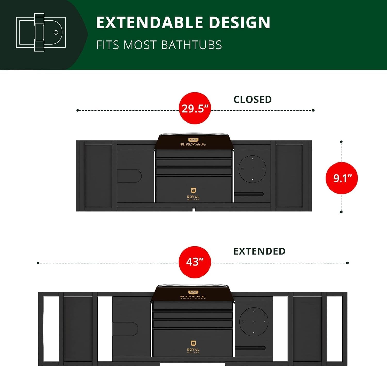 Premium Foldable Bathtub Tray - Wood Bath Tray for Tub, Bamboo Shelf, Expandable Bath Table Trays, Bathtub & Bathroom Accessories for New Home & Mothers Day & Birthday Gifts for Mom - Velinare