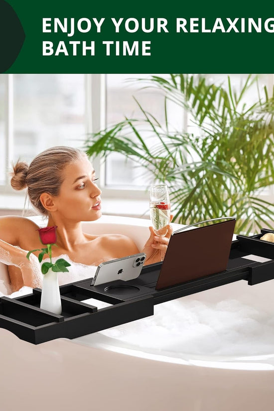 Premium Foldable Bathtub Tray - Wood Bath Tray for Tub, Bamboo Shelf, Expandable Bath Table Trays, Bathtub & Bathroom Accessories for New Home & Mothers Day & Birthday Gifts for Mom - Velinare