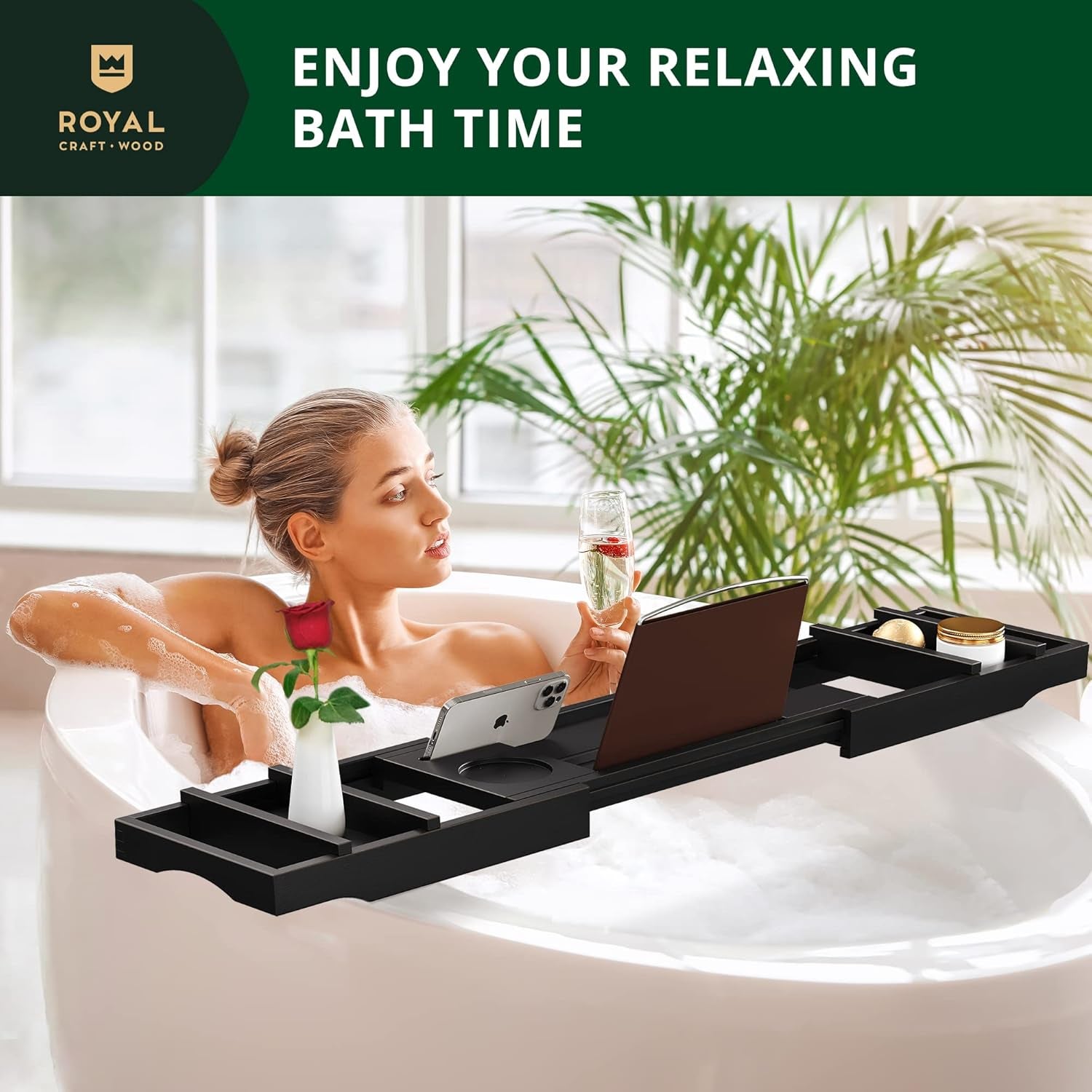 Premium Foldable Bathtub Tray - Wood Bath Tray for Tub, Bamboo Shelf, Expandable Bath Table Trays, Bathtub & Bathroom Accessories for New Home & Mothers Day & Birthday Gifts for Mom - Velinare