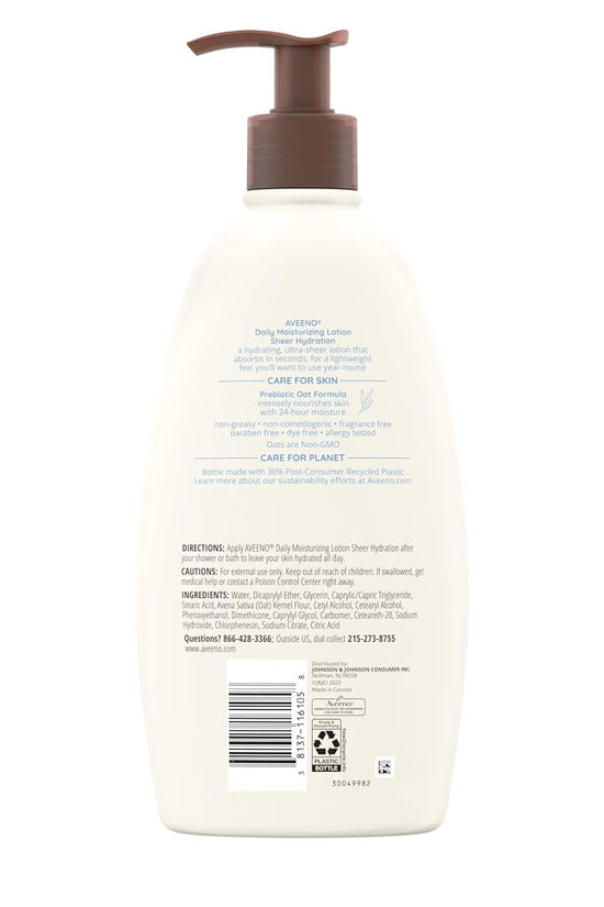 Sheer Hydration Daily Moisturizing Fragrance - Free Lotion with Nourishing Prebiotic Oat, Fast - Absorbing Body Moisturizer for Dry Skin with Lightweight, Breathable Feel, 18 Fl. Oz - Velinare