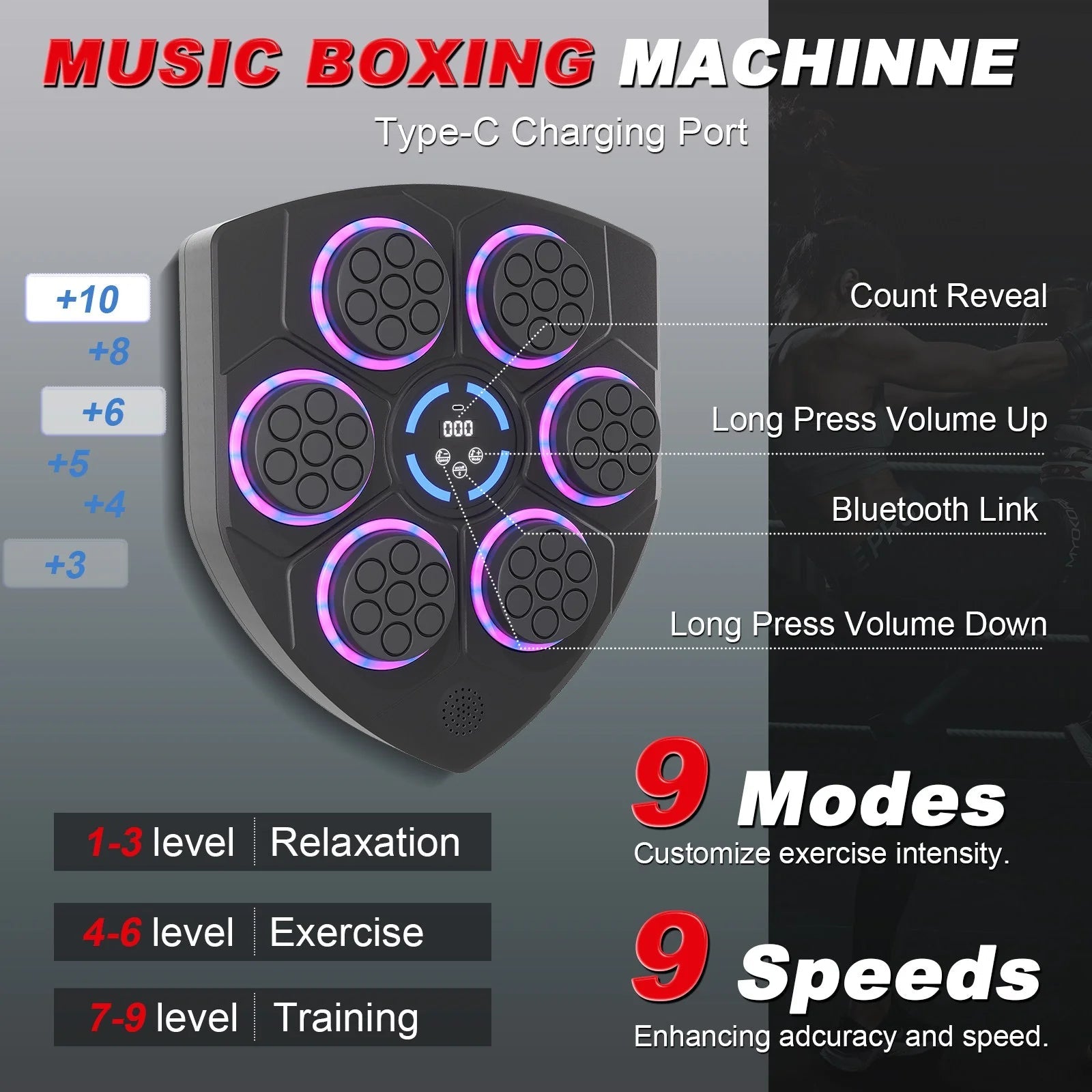 Smart Bluetooth Punching Bag, LED Guide, 9 - Speed, Wall - Mounted, Boxing & Fitness - Velinare