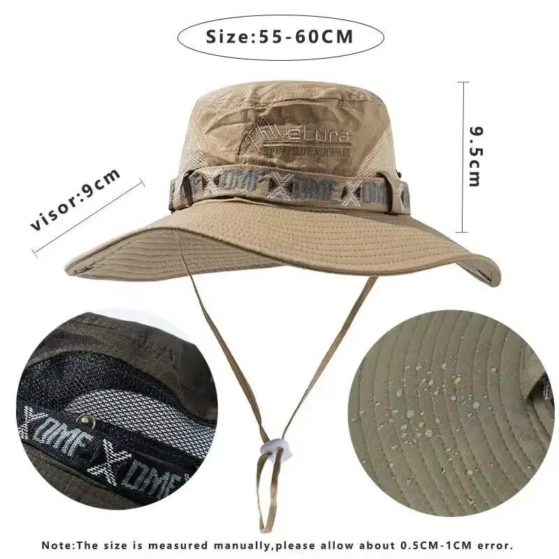 Summer Men Bucket Hat Outdoor UV Protection Wide Brim Panama Safari Hunting Hiking Hat Mesh Fisherman Hat Beach Sunscreen Cap - Velinare