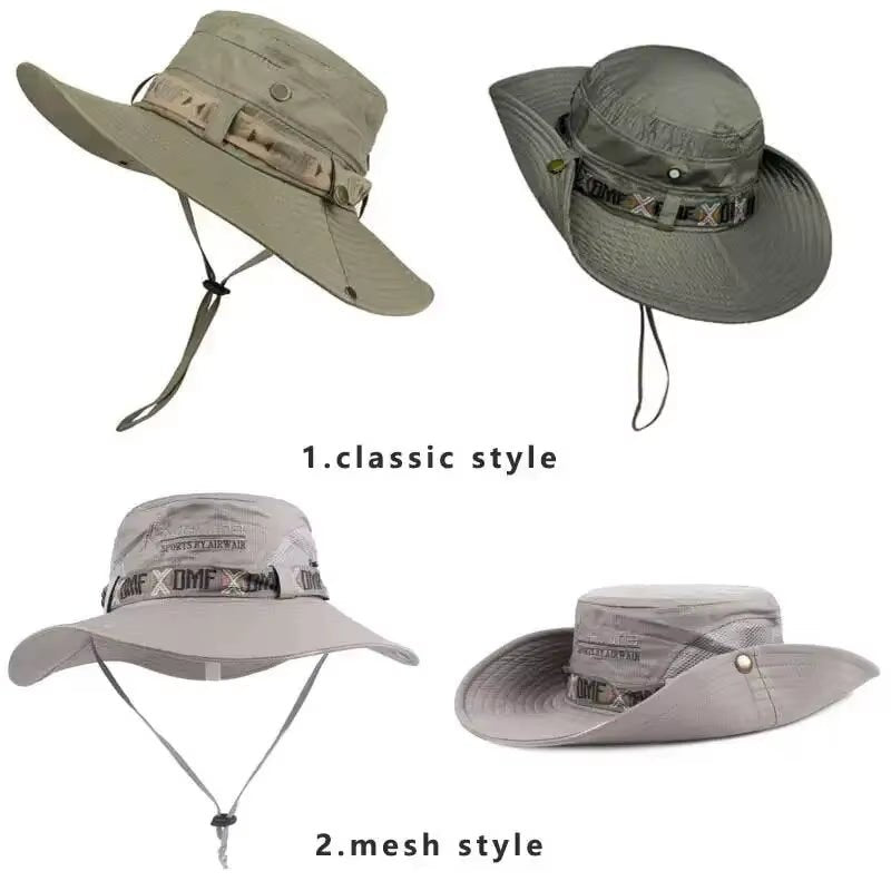 Summer Men Bucket Hat Outdoor UV Protection Wide Brim Panama Safari Hunting Hiking Hat Mesh Fisherman Hat Beach Sunscreen Cap - Velinare