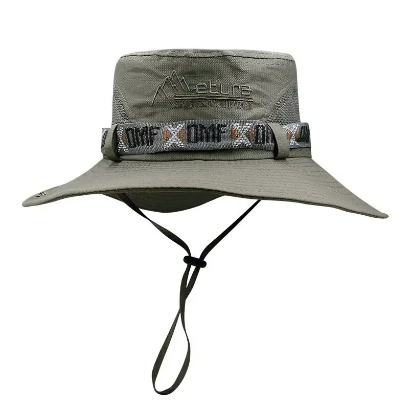 Summer Men Bucket Hat Outdoor UV Protection Wide Brim Panama Safari Hunting Hiking Hat Mesh Fisherman Hat Beach Sunscreen Cap - Velinare