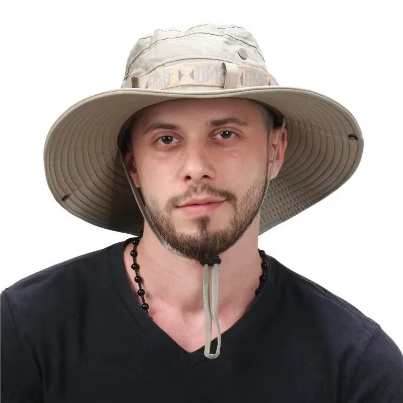 Summer Men Bucket Hat Outdoor UV Protection Wide Brim Panama Safari Hunting Hiking Hat Mesh Fisherman Hat Beach Sunscreen Cap - Velinare