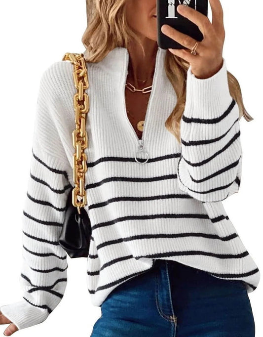 Sweaters for Women Quarter Zip Striped Sweaters Knitted Warm Pullover Sweaters - Velinare
