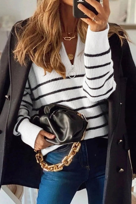 Sweaters for Women Quarter Zip Striped Sweaters Knitted Warm Pullover Sweaters - Velinare