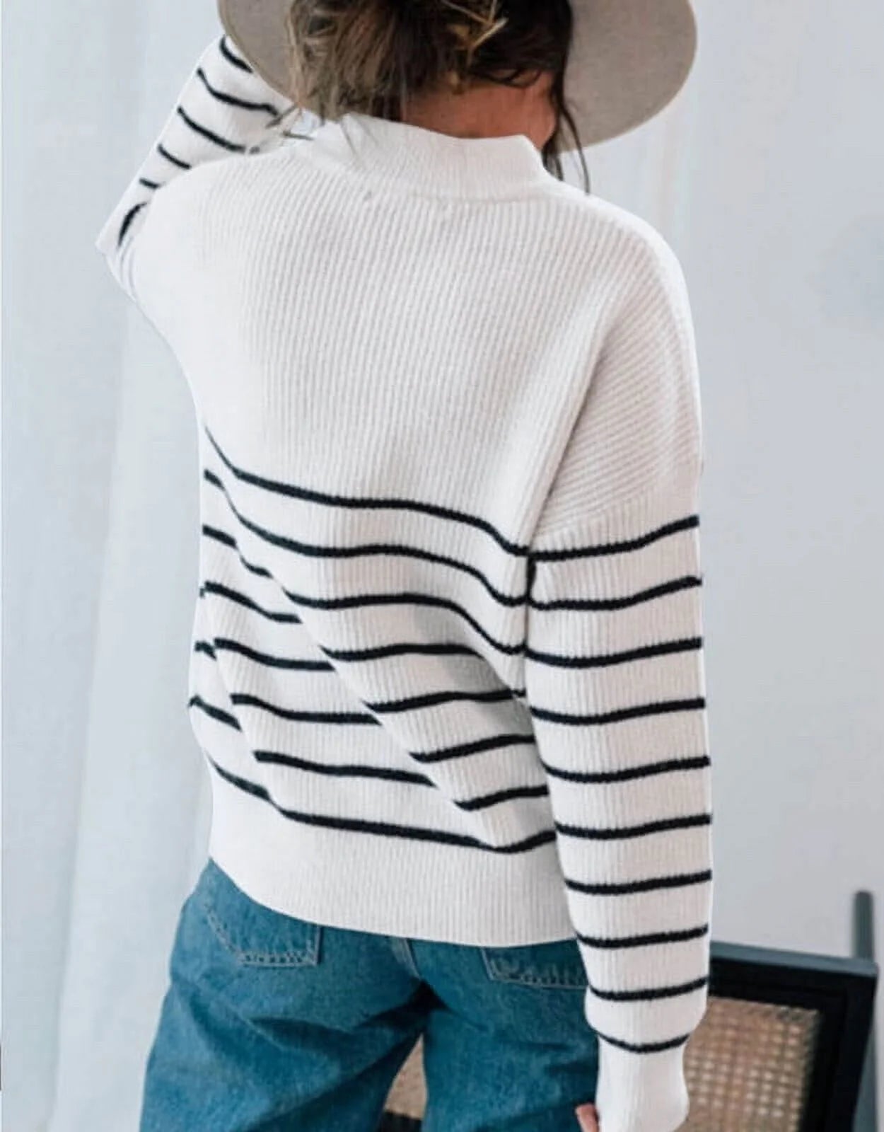 Sweaters for Women Quarter Zip Striped Sweaters Knitted Warm Pullover Sweaters - Velinare