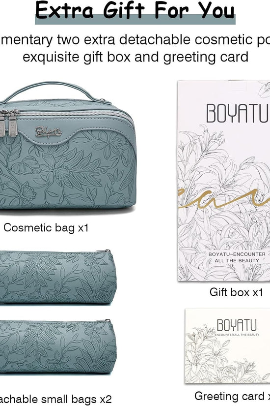 Travel Makeup Bags Cosmetic Organizer Bag: 3 - Set Large Capacity Make up Bag - PU Leather Toiletry Bags for Women - Wide Open Portable Pouch with Divider & Handle (01 - Light Blue) - Velinare