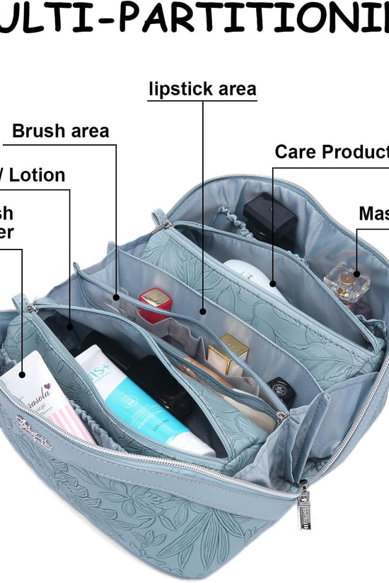 Travel Makeup Bags Cosmetic Organizer Bag: 3 - Set Large Capacity Make up Bag - PU Leather Toiletry Bags for Women - Wide Open Portable Pouch with Divider & Handle (01 - Light Blue) - Velinare