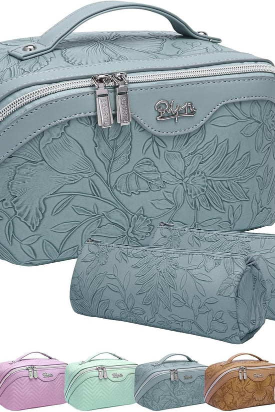 Travel Makeup Bags Cosmetic Organizer Bag: 3 - Set Large Capacity Make up Bag - PU Leather Toiletry Bags for Women - Wide Open Portable Pouch with Divider & Handle (01 - Light Blue) - Velinare