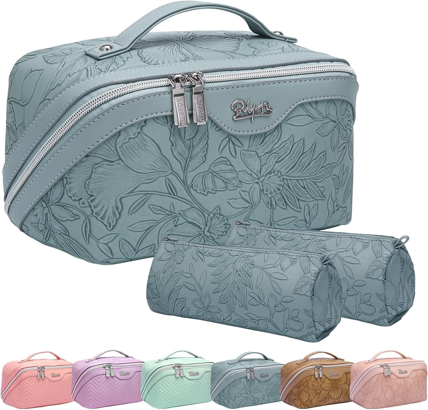 Travel Makeup Bags Cosmetic Organizer Bag: 3 - Set Large Capacity Make up Bag - PU Leather Toiletry Bags for Women - Wide Open Portable Pouch with Divider & Handle (01 - Light Blue) - Velinare
