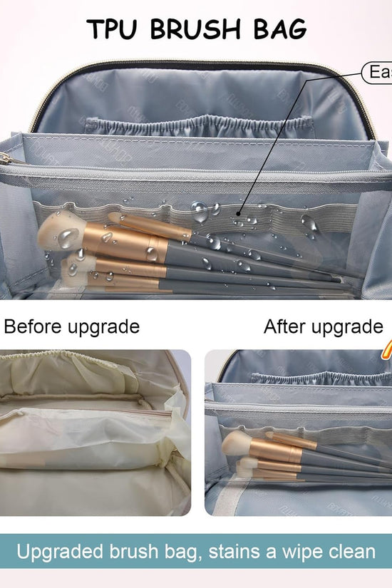 Travel Makeup Bags Cosmetic Organizer Bag: 3 - Set Large Capacity Make up Bag - PU Leather Toiletry Bags for Women - Wide Open Portable Pouch with Divider & Handle (01 - Light Blue) - Velinare