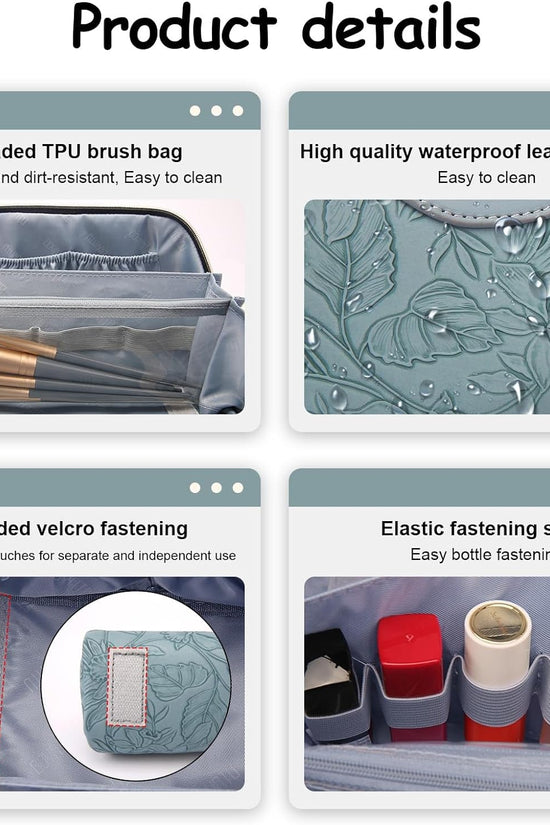 Travel Makeup Bags Cosmetic Organizer Bag: 3 - Set Large Capacity Make up Bag - PU Leather Toiletry Bags for Women - Wide Open Portable Pouch with Divider & Handle (01 - Light Blue) - Velinare