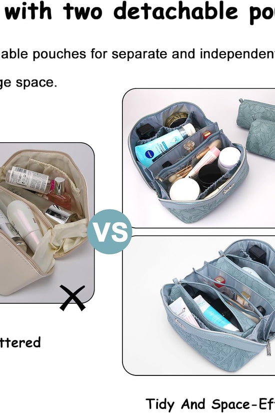 Travel Makeup Bags Cosmetic Organizer Bag: 3 - Set Large Capacity Make up Bag - PU Leather Toiletry Bags for Women - Wide Open Portable Pouch with Divider & Handle (01 - Light Blue) - Velinare