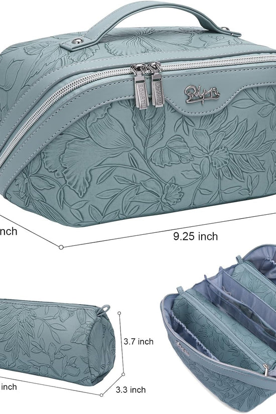 Travel Makeup Bags Cosmetic Organizer Bag: 3 - Set Large Capacity Make up Bag - PU Leather Toiletry Bags for Women - Wide Open Portable Pouch with Divider & Handle (01 - Light Blue) - Velinare