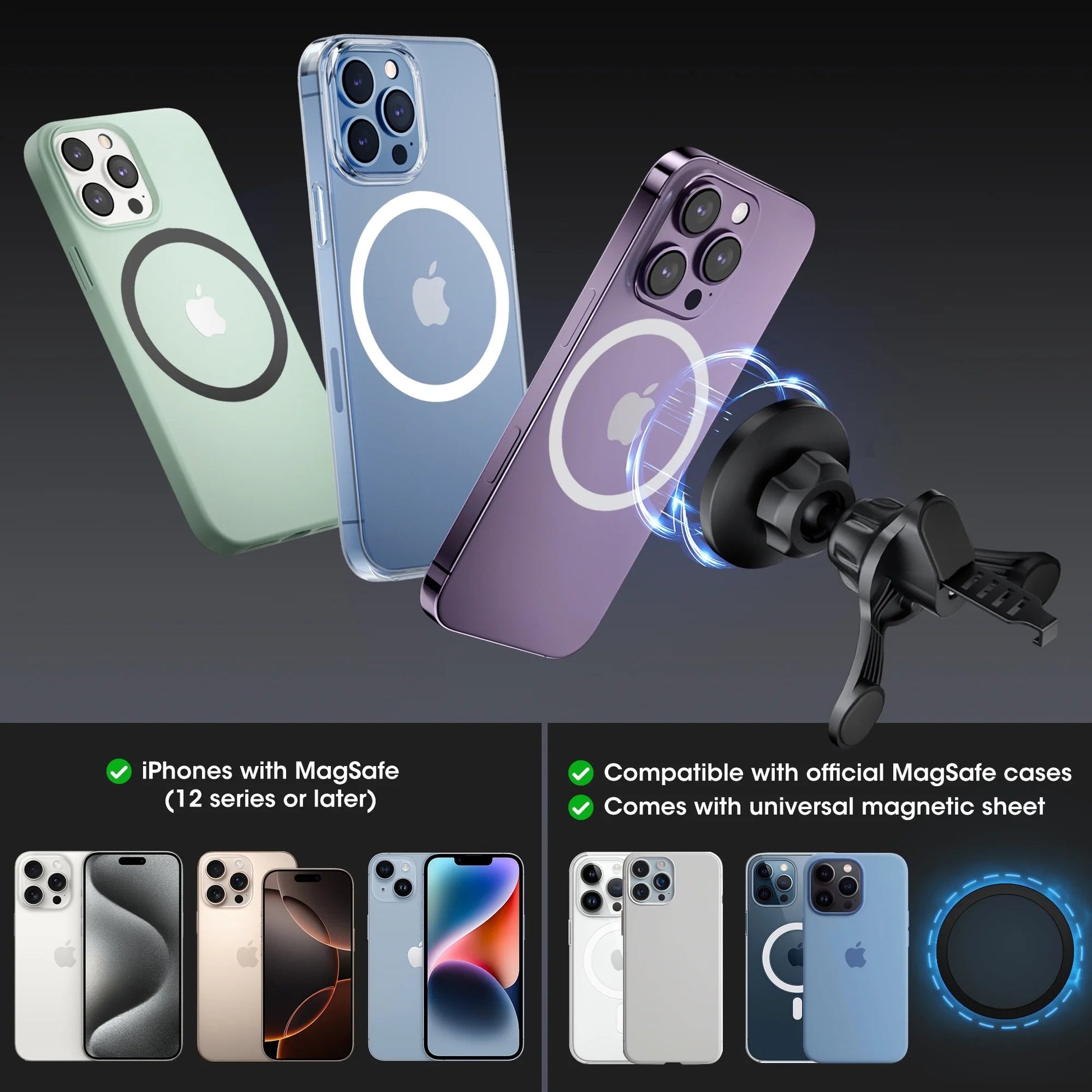 Universal Magnetic Phone Mount with Magnetic Disc, 360° Rotation, Air Vent Holder, Super Strong Magnet, Black - Velinare