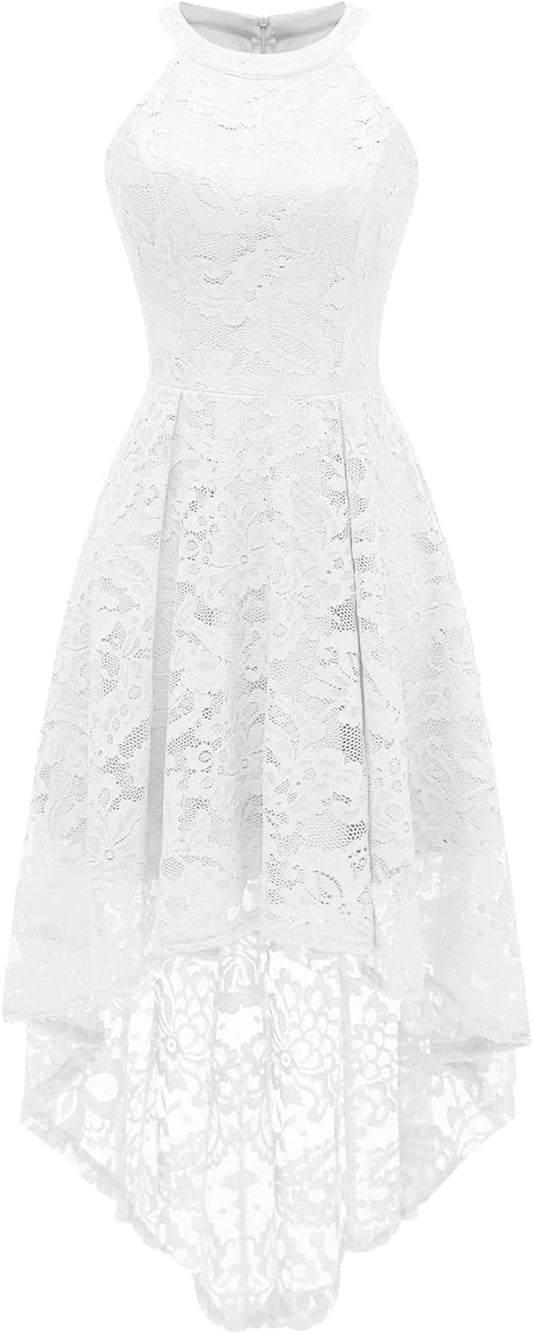 Women Halter Lace Wedding Guest Dress Hi - Lo Cocktail Party Bridesmaid Formal Dresses - Velinare