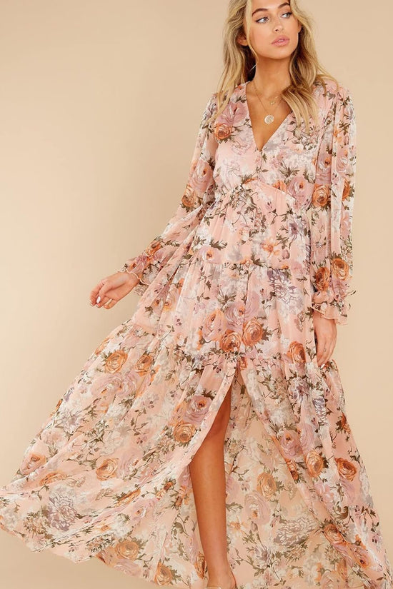 Women'S Long Sleeve V - Neck Floral Maxi Dress Casual Long Dresses Beach Dresses (Medium, Pink) - Velinare