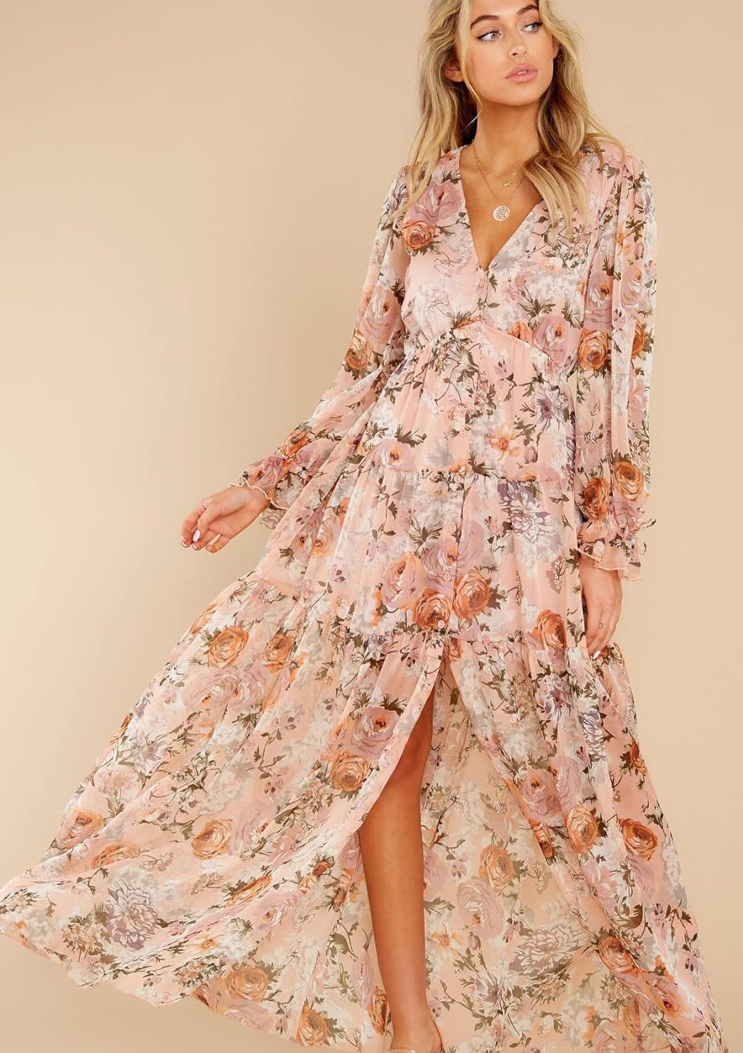 Women'S Long Sleeve V - Neck Floral Maxi Dress Casual Long Dresses Beach Dresses (Medium, Pink) - Velinare