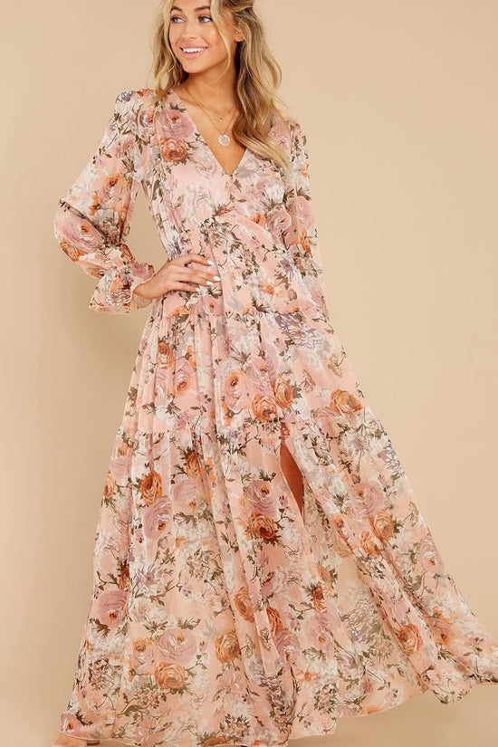 Women'S Long Sleeve V - Neck Floral Maxi Dress Casual Long Dresses Beach Dresses (Medium, Pink) - Velinare