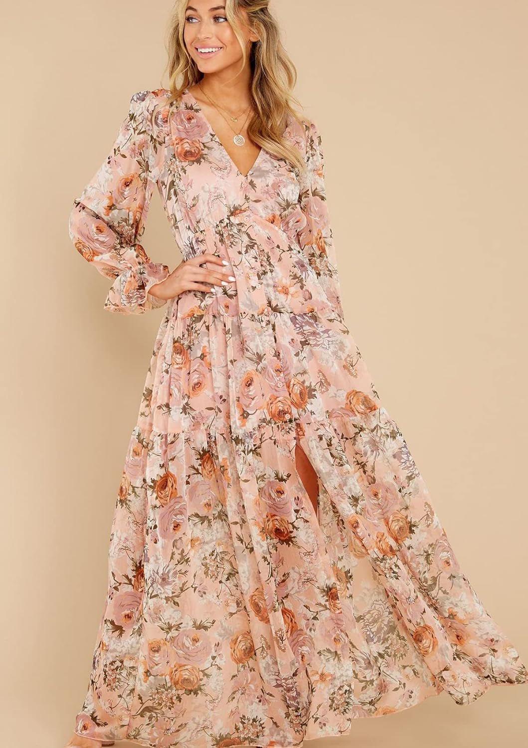 Women'S Long Sleeve V - Neck Floral Maxi Dress Casual Long Dresses Beach Dresses (Medium, Pink) - Velinare