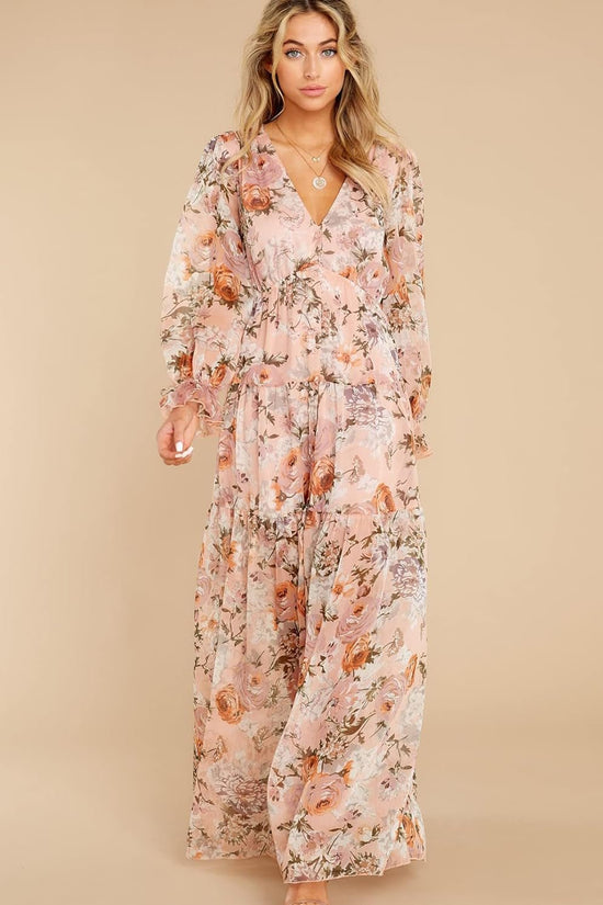 Women'S Long Sleeve V - Neck Floral Maxi Dress Casual Long Dresses Beach Dresses (Medium, Pink) - Velinare