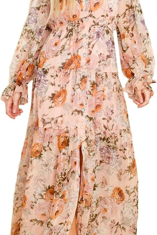 Women'S Long Sleeve V - Neck Floral Maxi Dress Casual Long Dresses Beach Dresses (Medium, Pink) - Velinare