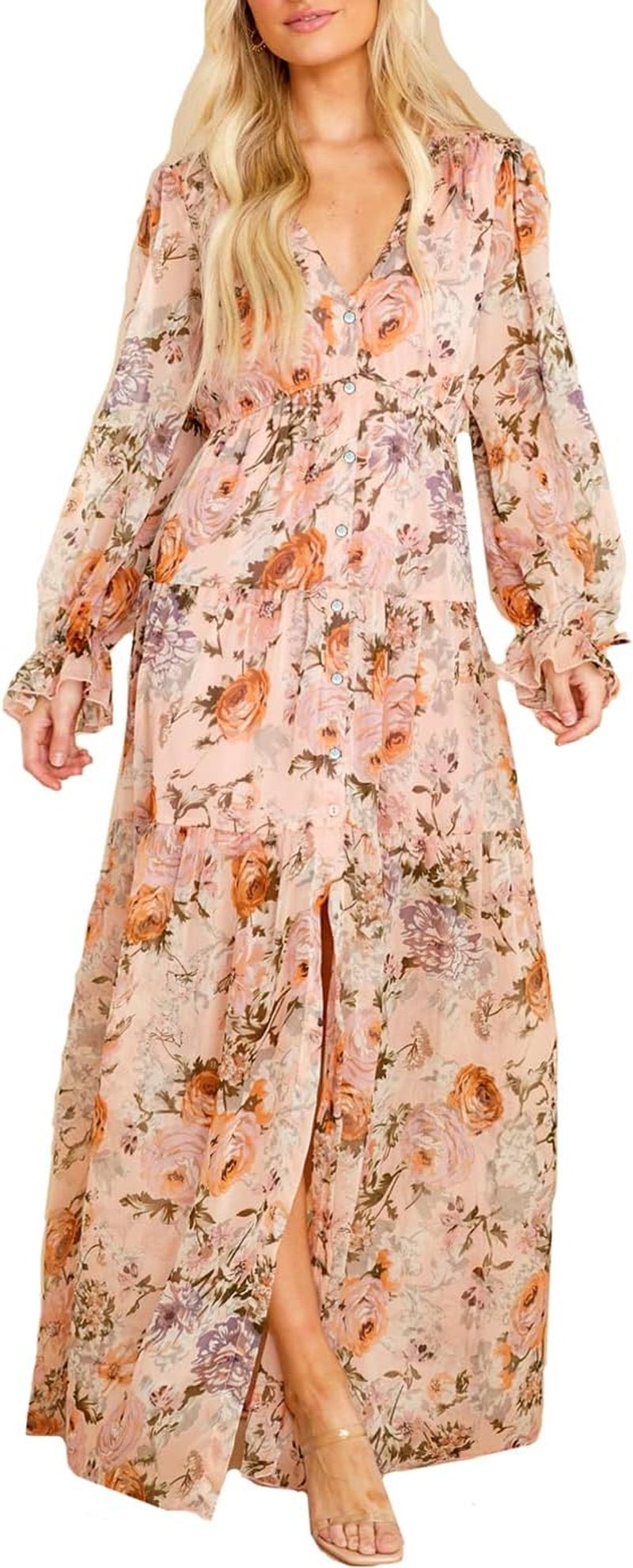 Women'S Long Sleeve V - Neck Floral Maxi Dress Casual Long Dresses Beach Dresses (Medium, Pink) - Velinare