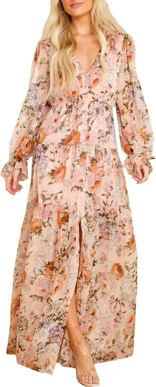 Women'S Long Sleeve V - Neck Floral Maxi Dress Casual Long Dresses Beach Dresses (Medium, Pink) - Velinare