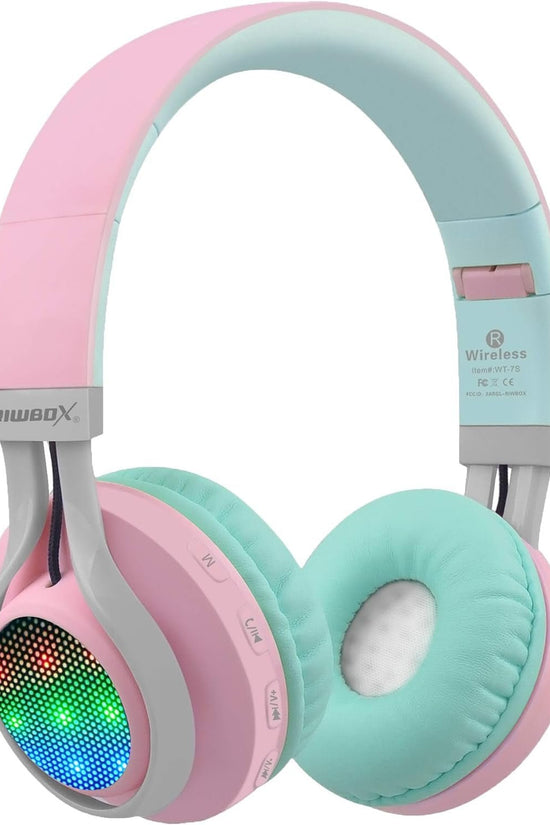 WT - 7S Bluetooth Headphones Light Up, Foldable Stero Wireless Headset with Microphone and Volume Control for Pc/Tablet/Tv/Travel (Pink Green) - Velinare
