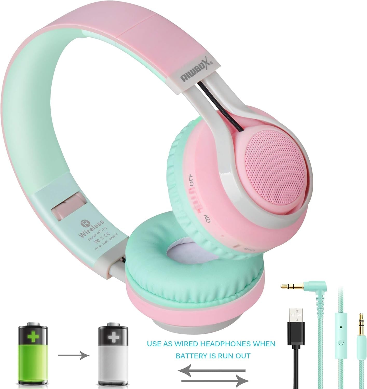 WT - 7S Bluetooth Headphones Light Up, Foldable Stero Wireless Headset with Microphone and Volume Control for Pc/Tablet/Tv/Travel (Pink Green) - Velinare