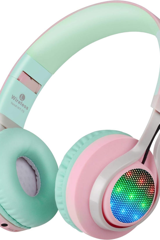 WT - 7S Bluetooth Headphones Light Up, Foldable Stero Wireless Headset with Microphone and Volume Control for Pc/Tablet/Tv/Travel (Pink Green) - Velinare