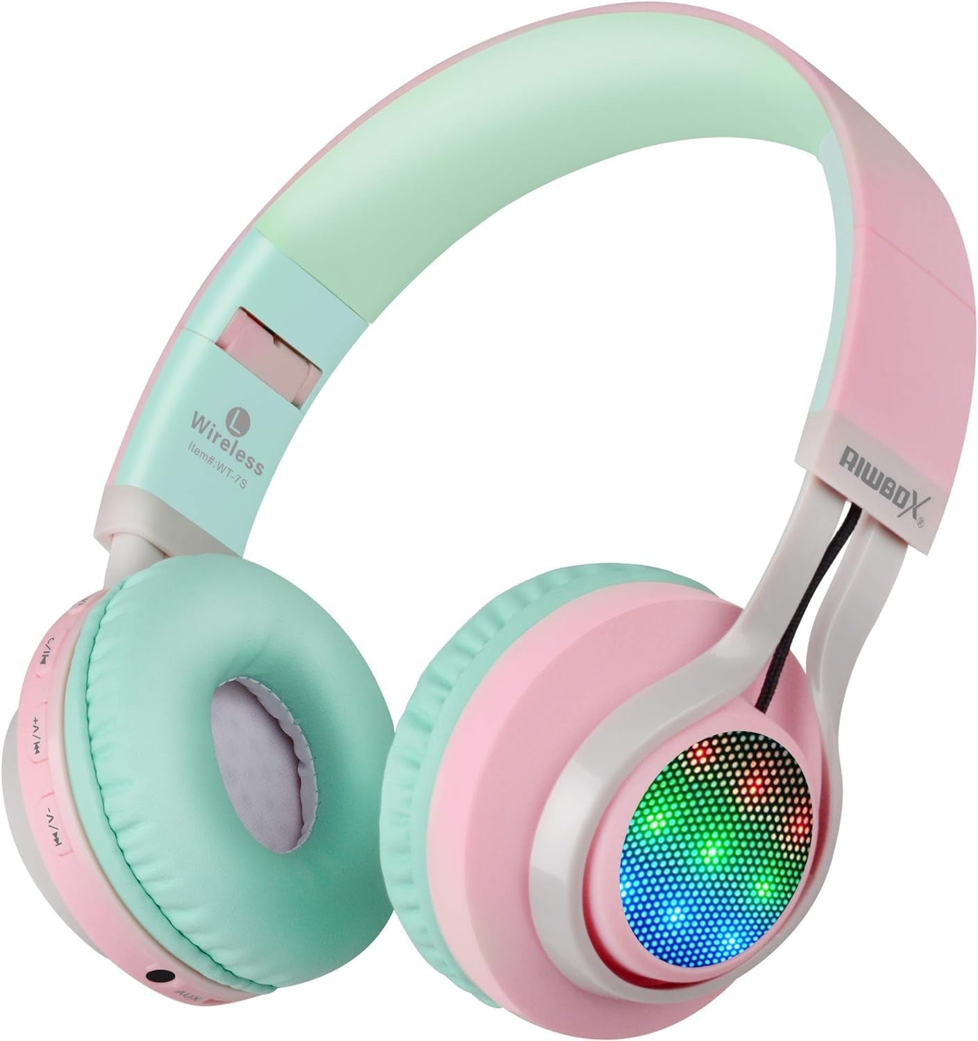 WT - 7S Bluetooth Headphones Light Up, Foldable Stero Wireless Headset with Microphone and Volume Control for Pc/Tablet/Tv/Travel (Pink Green) - Velinare