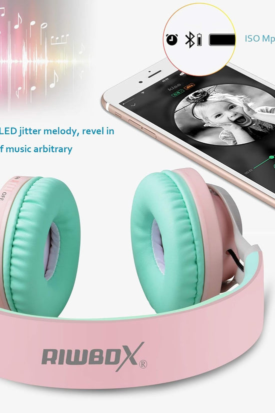 WT - 7S Bluetooth Headphones Light Up, Foldable Stero Wireless Headset with Microphone and Volume Control for Pc/Tablet/Tv/Travel (Pink Green) - Velinare