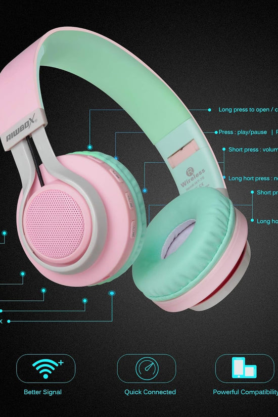 WT - 7S Bluetooth Headphones Light Up, Foldable Stero Wireless Headset with Microphone and Volume Control for Pc/Tablet/Tv/Travel (Pink Green) - Velinare