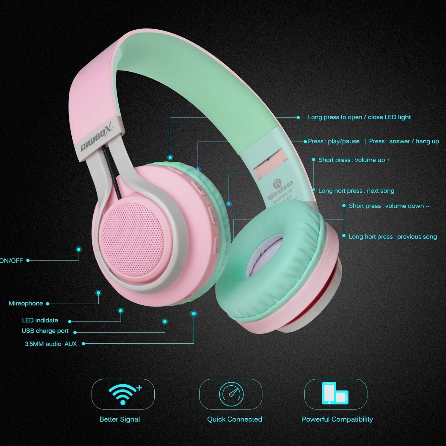 WT - 7S Bluetooth Headphones Light Up, Foldable Stero Wireless Headset with Microphone and Volume Control for Pc/Tablet/Tv/Travel (Pink Green) - Velinare