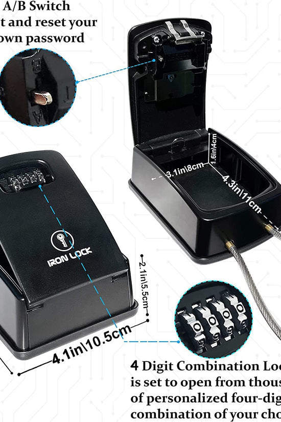 ® XXL Portable Key Lock Box and Wall Mounted with Removable Cable Shackle Waterproof Indoor Outdoor 4 Digit Combo Resettable Code with a B Switch Extra Large Key Lockbox outside (XXL, Black) - Velinare