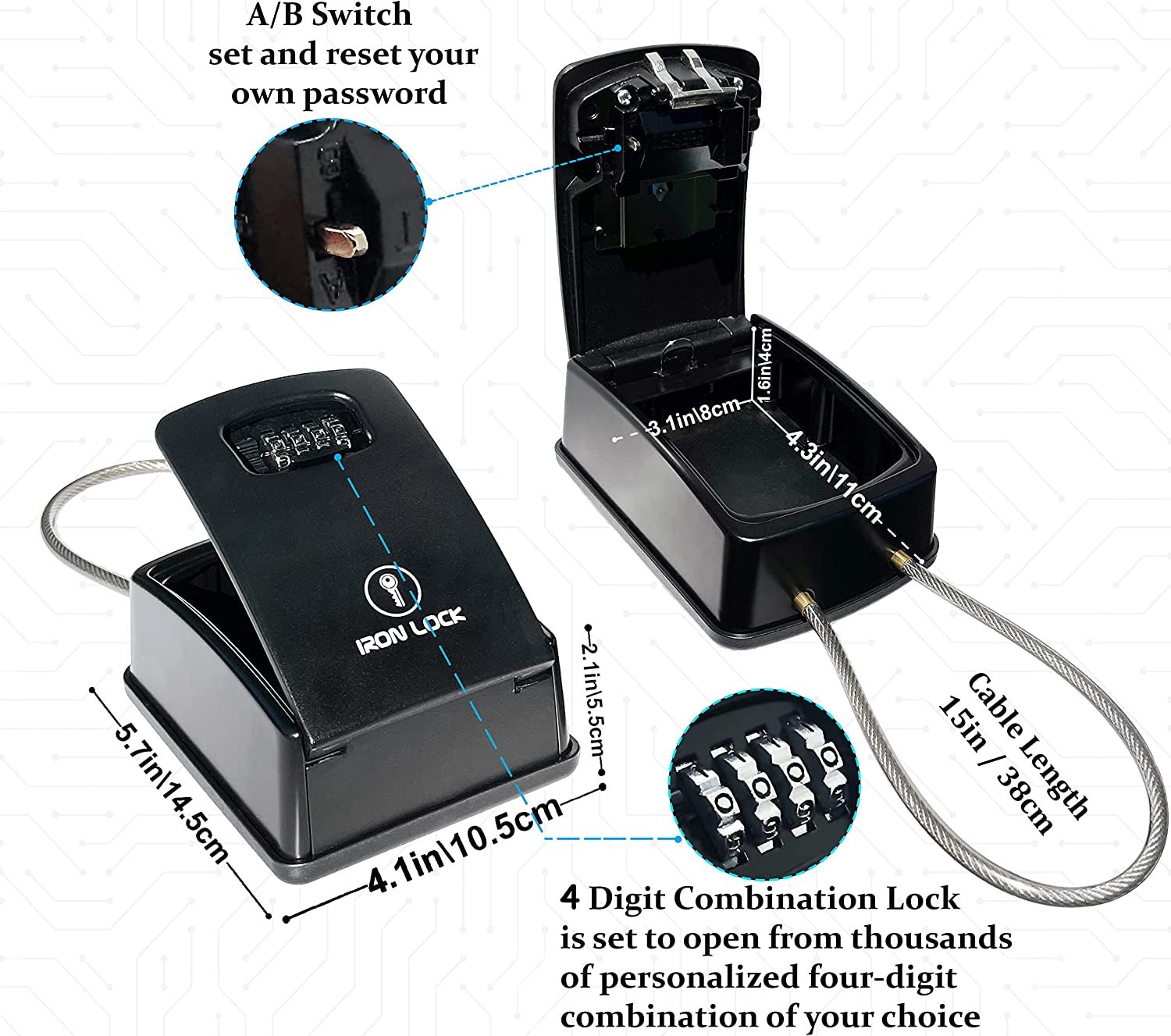 ® XXL Portable Key Lock Box and Wall Mounted with Removable Cable Shackle Waterproof Indoor Outdoor 4 Digit Combo Resettable Code with a B Switch Extra Large Key Lockbox outside (XXL, Black) - Velinare