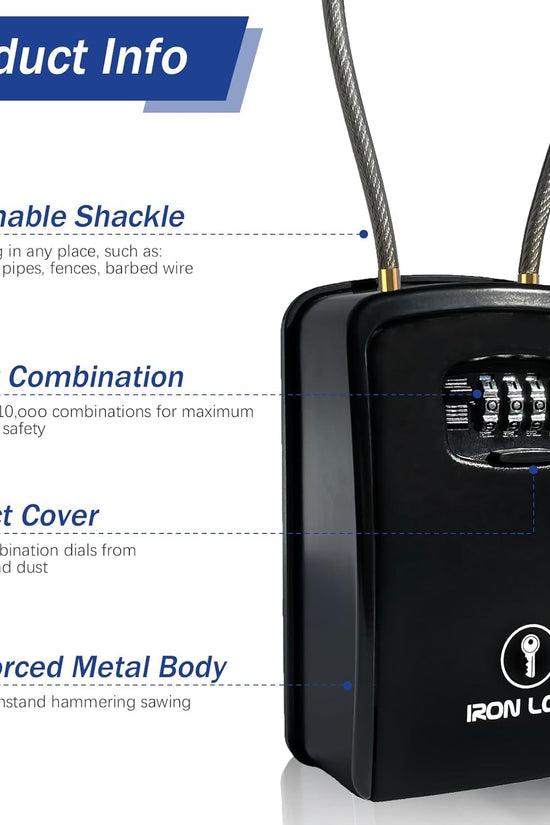 ® XXL Portable Key Lock Box and Wall Mounted with Removable Cable Shackle Waterproof Indoor Outdoor 4 Digit Combo Resettable Code with a B Switch Extra Large Key Lockbox outside (XXL, Black) - Velinare