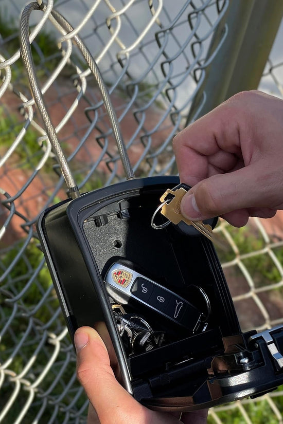 ® XXL Portable Key Lock Box and Wall Mounted with Removable Cable Shackle Waterproof Indoor Outdoor 4 Digit Combo Resettable Code with a B Switch Extra Large Key Lockbox outside (XXL, Black) - Velinare